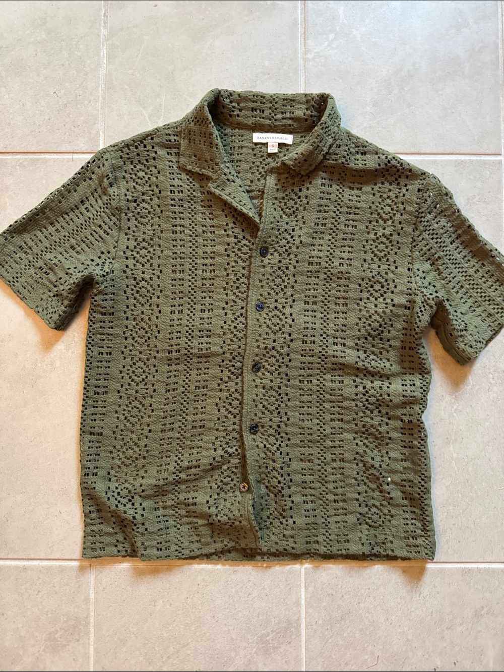 Banana Republic Olive Open-Knit Short Sleeve Button Shirt